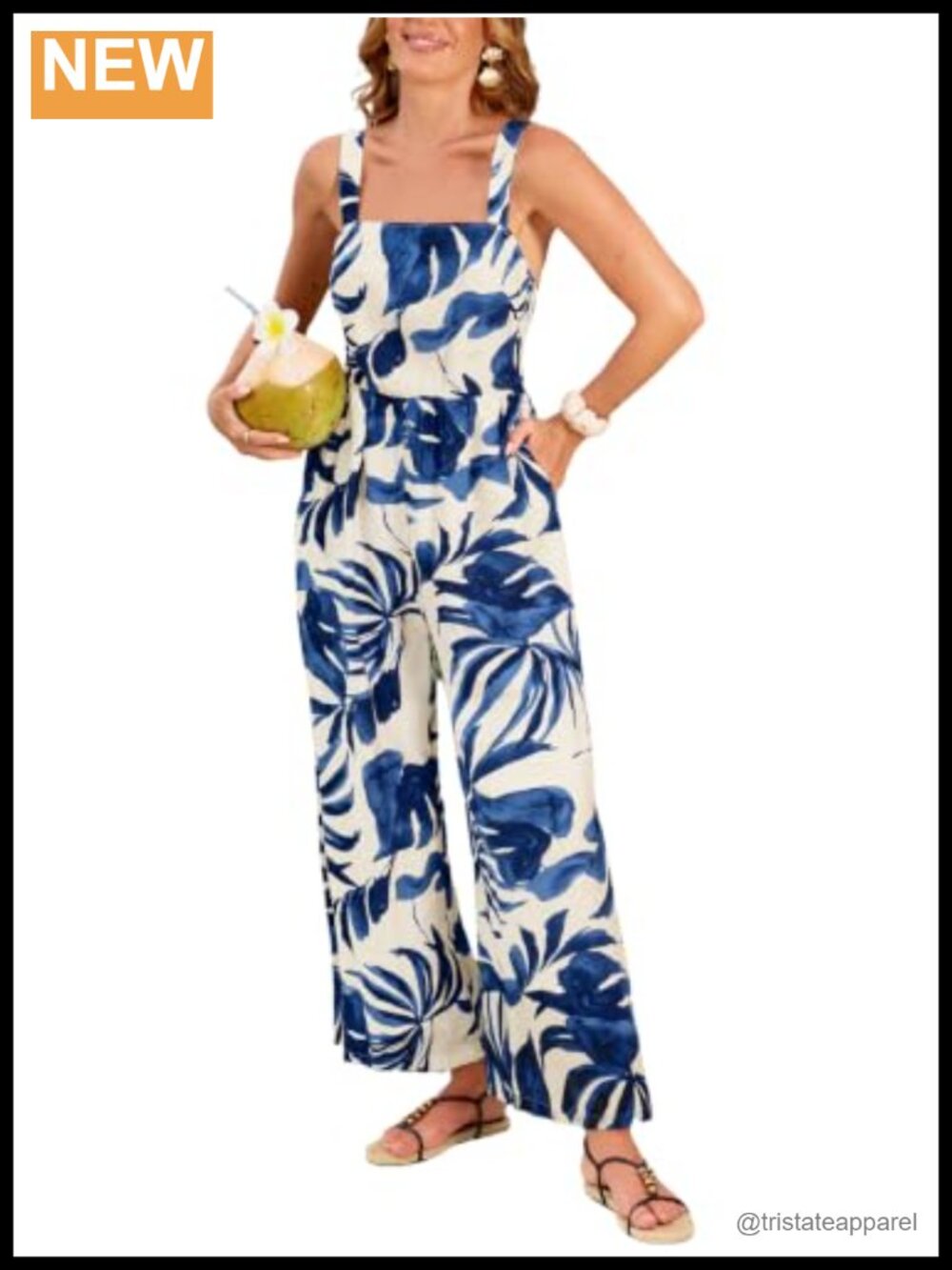 Womens Summer Jumpsuit Sleeveless Square Neck Smocked Wide Leg Vacation